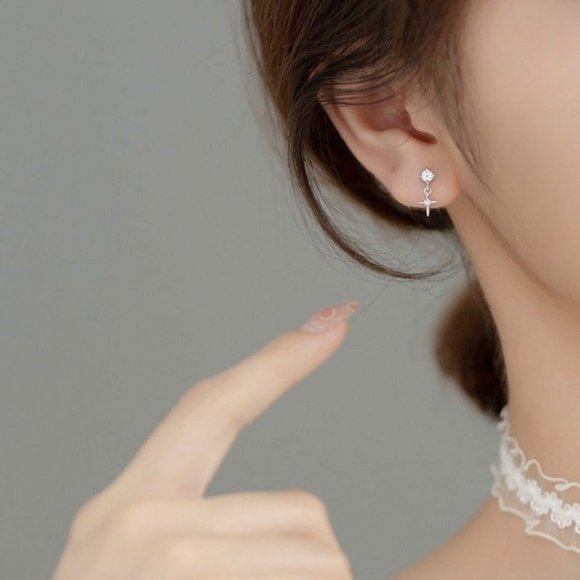 Silver Asymmetry Cross Drop studs Earrings-ECZ029 - Picture 7 of 9